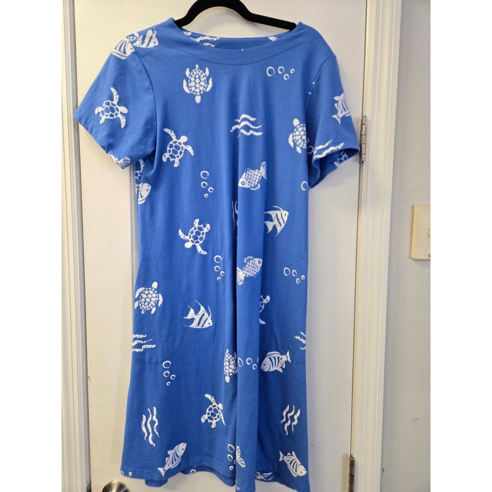 Links Blue Sea Turtle Fish Print T-Shirt Dress Short Sleeve Pockets Small